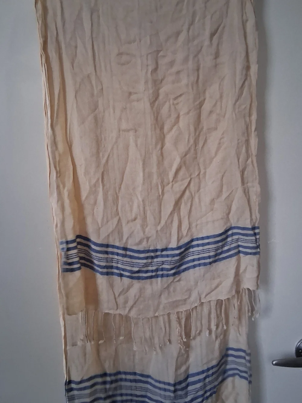 Cream Throw/scarf with Blue Stripe Accent
